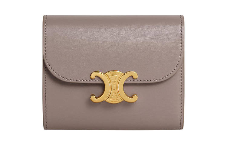 CELINE Triomphe Triumph Gate Shiny Bright Calfskin Card Holder, Wallet Small Women's Pebble Gray
