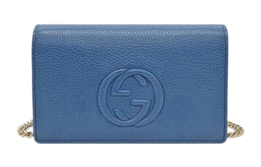 GUCCI Soho Litchi Grain Calfskin Shoulder Bag, Crossbody Bag Women's Blue