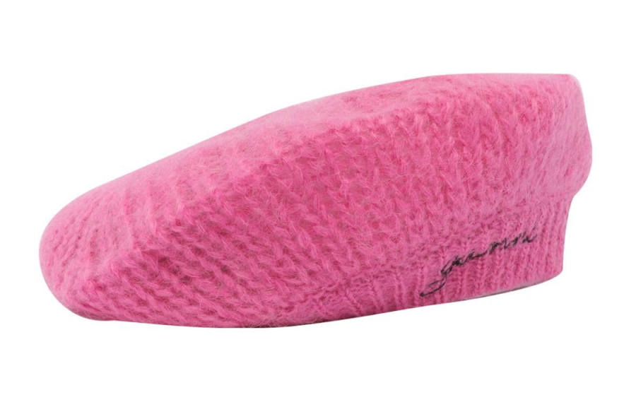 GANNI Logo Embroidered Knit Beret Beanie