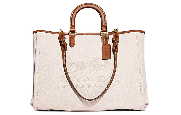 COACH Fabric Tote Bag, Shopping Bag, One Shoulder Handbag Large Women's Ivory White & Brown