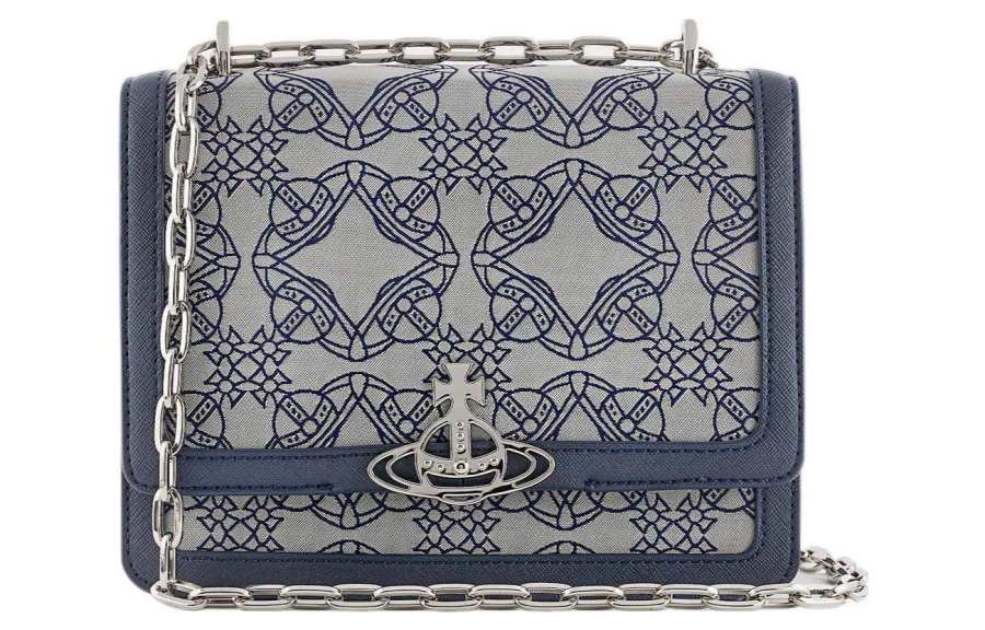 Vivienne Westwood Orbmania Jacquard Pattern Flap Bag, Crossbody Bag, Shoulder Bag Women's Blue