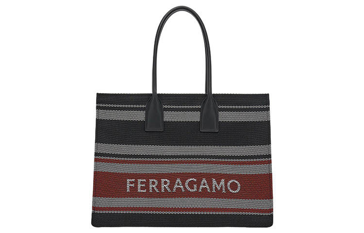 FERRAGAMO Cow Leather With Fabric Tote Bag, Shopping Bag, Handbag Large Women's Multicolor