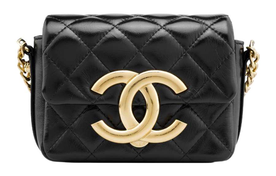 CHANEL 23P SS Sheepskin Material Gold Chain Cell Phone Pouch, Shoulder Bag, Crossbody Bag Women's Black
