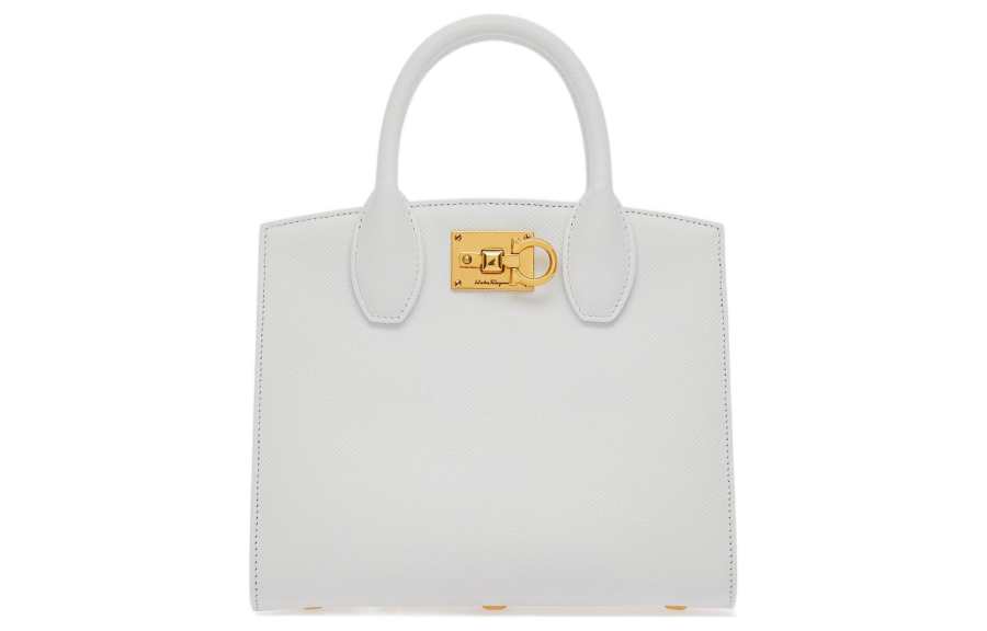 FERRAGAMO Studio Hammered Texture Calfskin Box Bag, Shoulder Bag, Crossbody Bag, Handbag Small Women's White