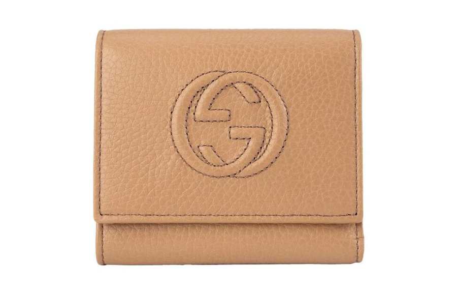 GUCCI Litchi Grain Cow Leather Wallet Women's Apricot