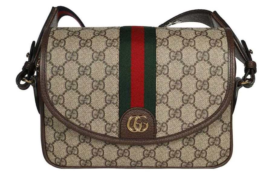 GUCCI Ophidia Canvas With Leather Trim Crossbody Bag, Shoulder Bag Women's Beige & Ebony
