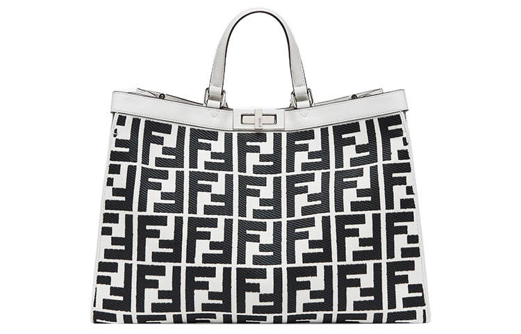 FENDI Canvas Tote Bag, Shopping Bag, Shoulder Bag, Crossbody Bag, Handbag Women's White & Black