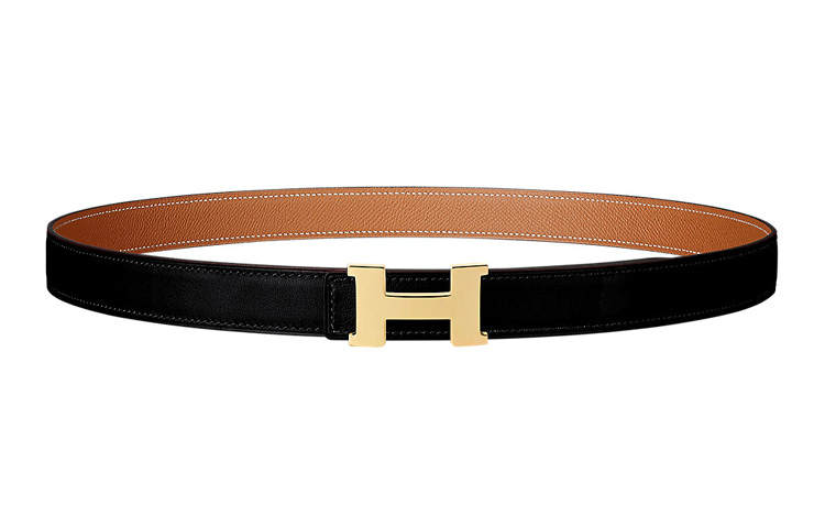 HERMES HERMES Constance Cow Leather Belts Women's Black Gold Width 2.4cm