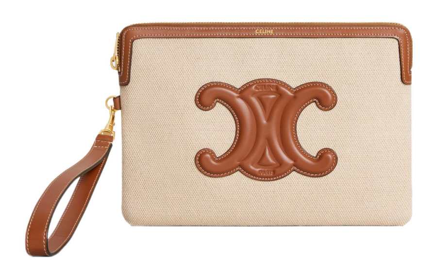 CELINE Fabric With Calfskin Trim Handbag Wrist Bag Clutch Small Women's Brown
