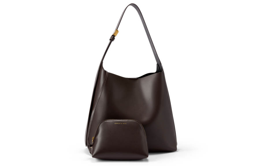 CHARLES&KEITH Commute Artificial Leather Tote Bag, Shopping Bag, Shoulder Bag Women's Dark Oak/Light Gray/Blue