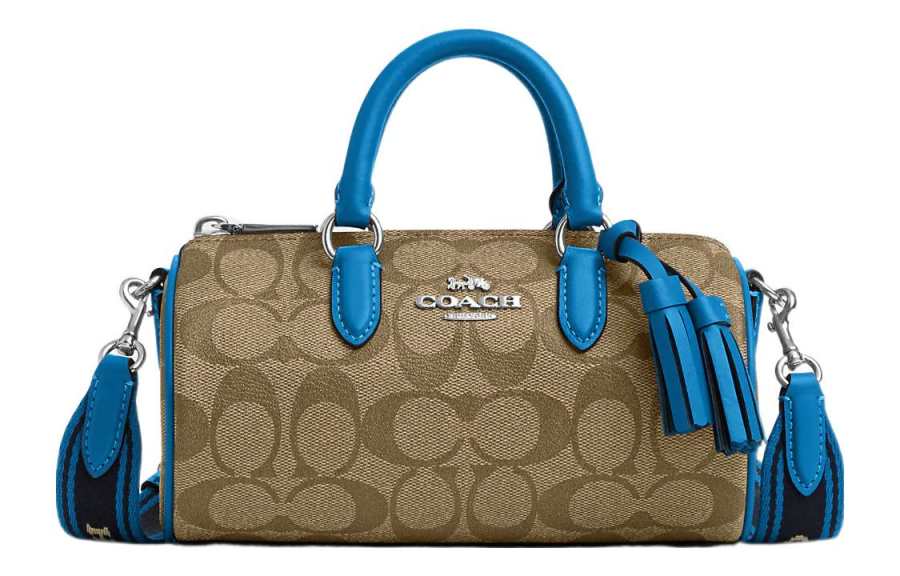 COACH Lacey Canvas With Leather Boston Bag, Shoulder Bag, Crossbody Bag, Handbag Small Women's Dark Brown & Blue