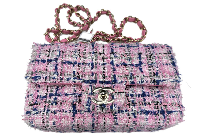 CHANEL Classic Flap CF Cotton Felt Crossbody Bags Mini Women's Blue/Pink
