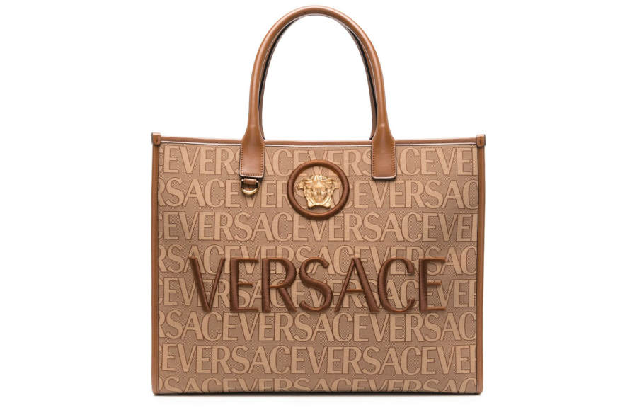 VERSACE Cow Leather Tote Bag, Shopping Bag, Handbag Large Women's Brown