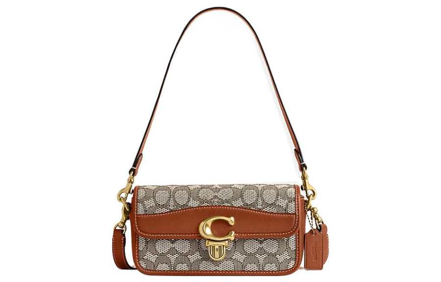 COACH Studio Cow Leather With Textile Baguette Bag Handbag, Shoulder Bag Women's Brown & Gray