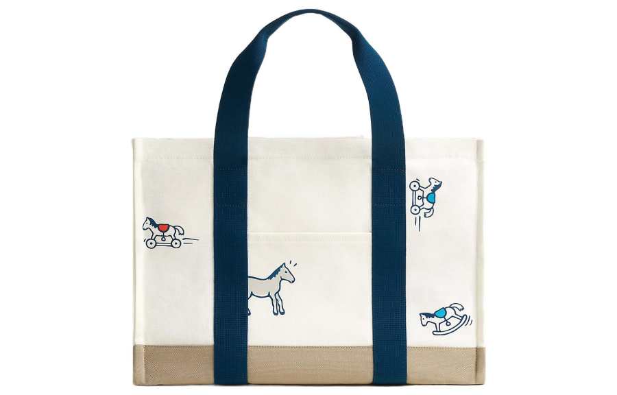 HERMES Cotton Canvas Bag, Diaper Bag, Tote Bag, Shopping Bag, Handbag Women's White & Marine Blue