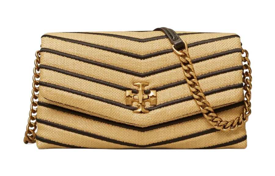 TORY BURCH Kira Straw Woven With Leather One Shoulder Crossbody Chain Wallet Regular Women's Beige & Yellow & Black