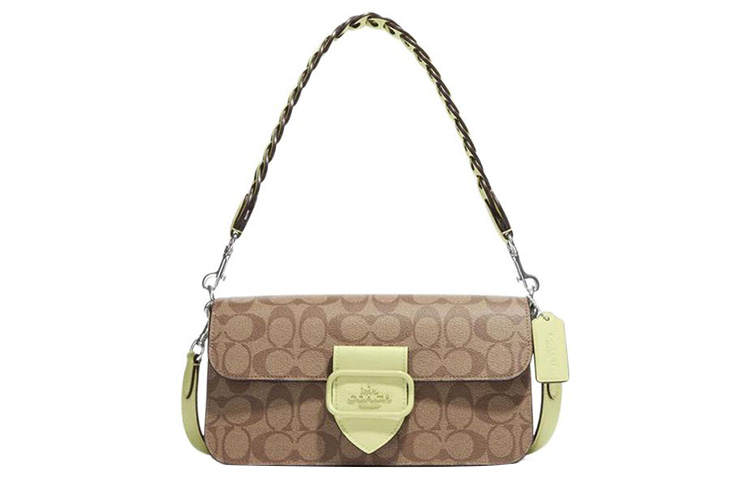 COACH Morgan Coated Canvas With Leather Envelope Bag, Bacchus Bag, Handbag, Shoulder Bag Large Women's Brown & Green