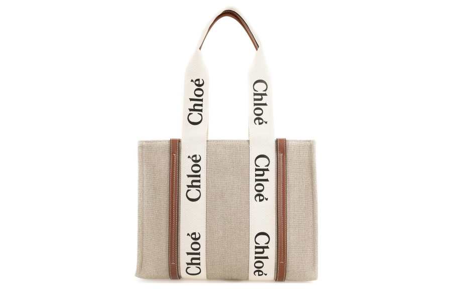 Chloé Woody Medium Logo Ribbon Tote Bag Handbag In Linen White/Brown