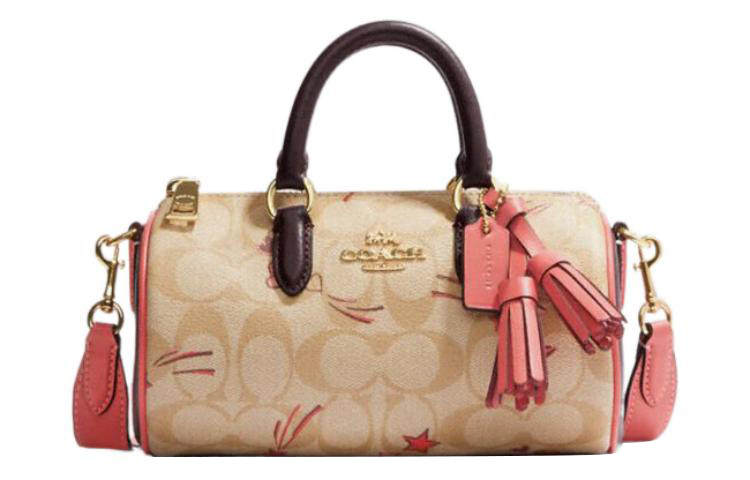 COACH Lacey Coated Canvas With Leather Boston Bag Handbag Small Women's Khaki & Pink
