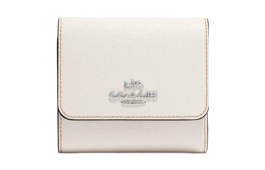 COACH Trifold Wallet Cross Grain Leather Coin Purse Wallet Women's White
