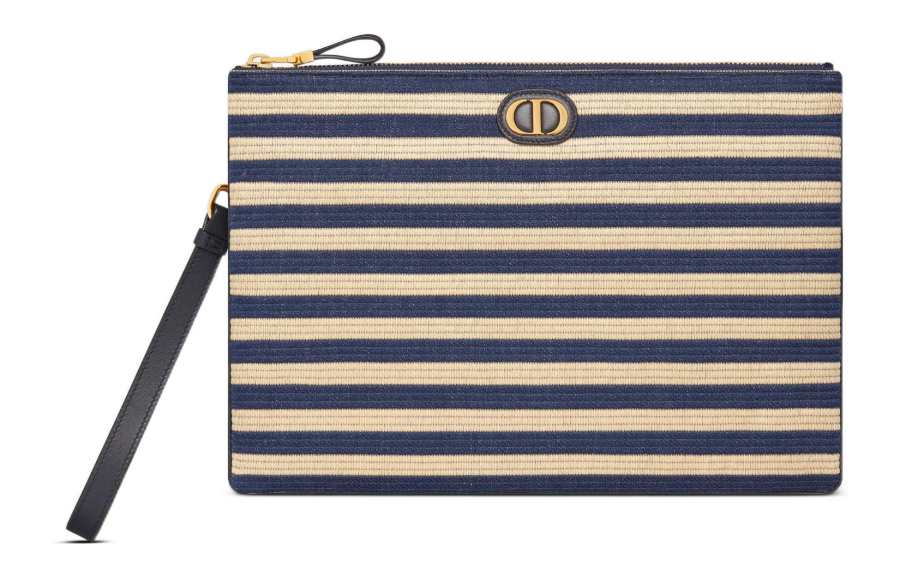 DIOR Caro Raffia Grass Clutch Large Women's Natural/Denim Blue