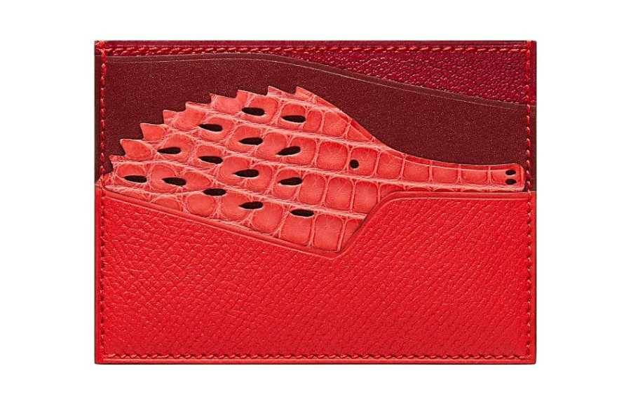 HERMES Calfskin Mysore Goat Leather Crocodile Leather Card Holder Women's Warm Tone Red