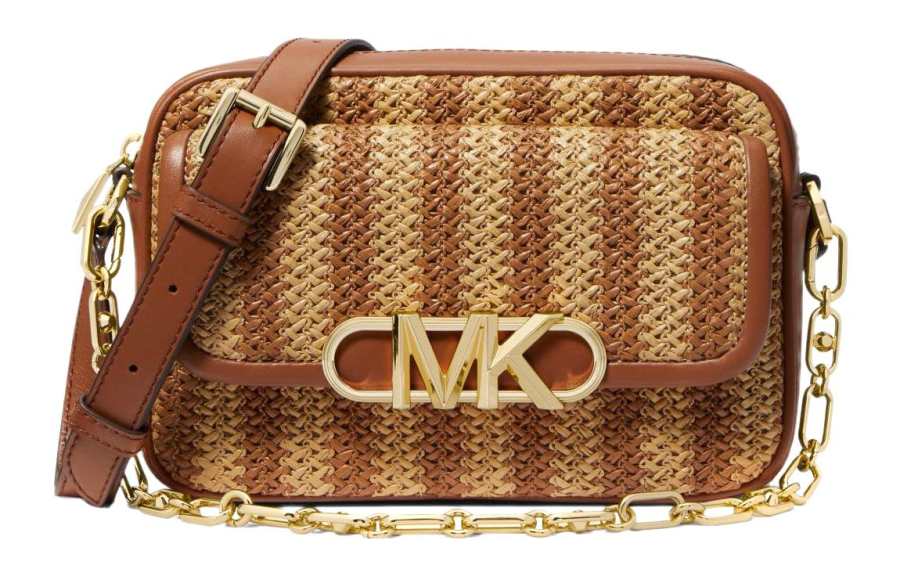 MICHAEL KORS PARKER Straw Woven With Leather Crossbody Bags Medium Women's Brown & Khaki