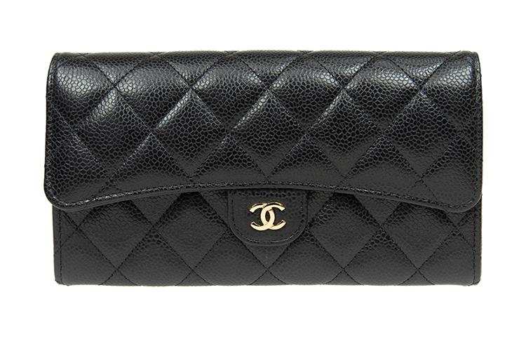 CHANEL Classic Flap CF Grain Embossed Calfskin & Metal Card Holder, Wallet Women's Black