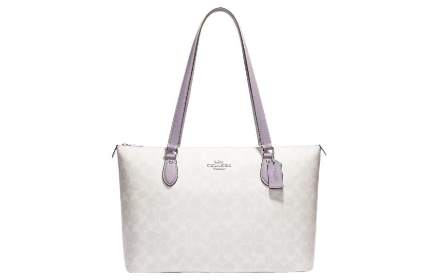 COACH Gallery Canvas With Leather Tote Bag, Shopping Bag, Handbag, Shoulder Bag Large Women's Ivory White & Purple