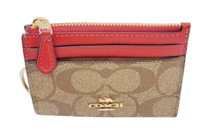 COACH Skinny Id Case Canvas With Leather Wallet, Card Holder Women's Brown & Red
