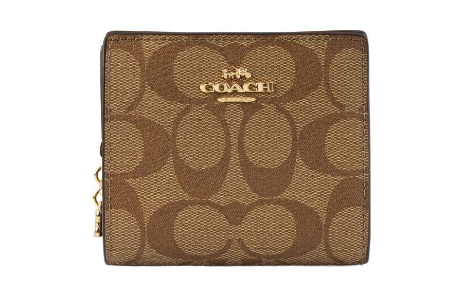 COACH Snap Wallet Coated Canvas With Leather Short Bifold Card Holder, Wallet Women's Tan Monogram