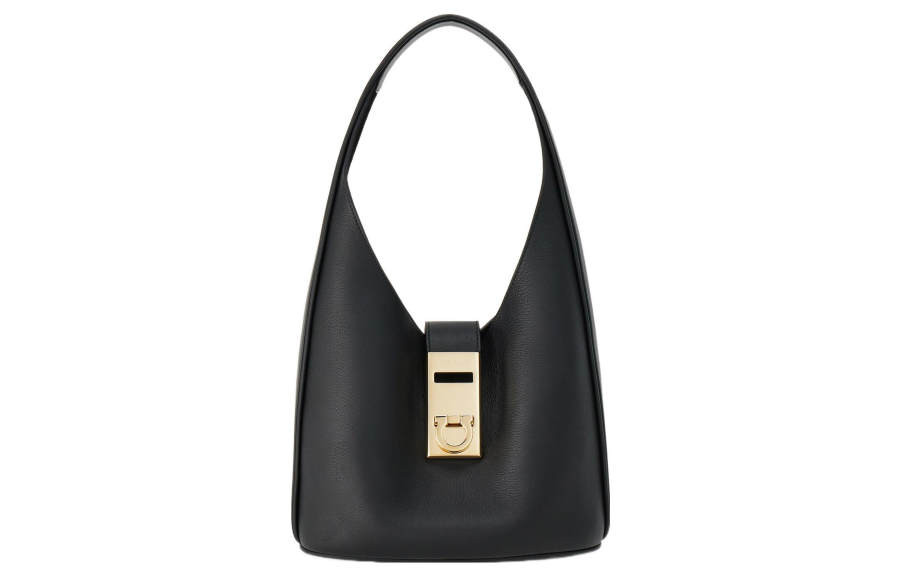 FERRAGAMO Vegetable Tanned Cow Leather Hobo Bag, One Shoulder Handbag Medium Women's Black