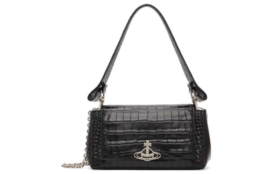 Vivienne Westwood Crocodile Pattern Leather Shoulder Bag, Baguette Bag, Handbag, Shoulder Bag Medium