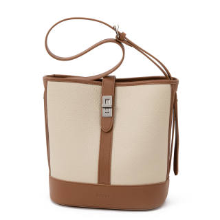 VENOF Cow Leather Bucket Bag, Shoulder Bag Medium Women's Beige/Brown