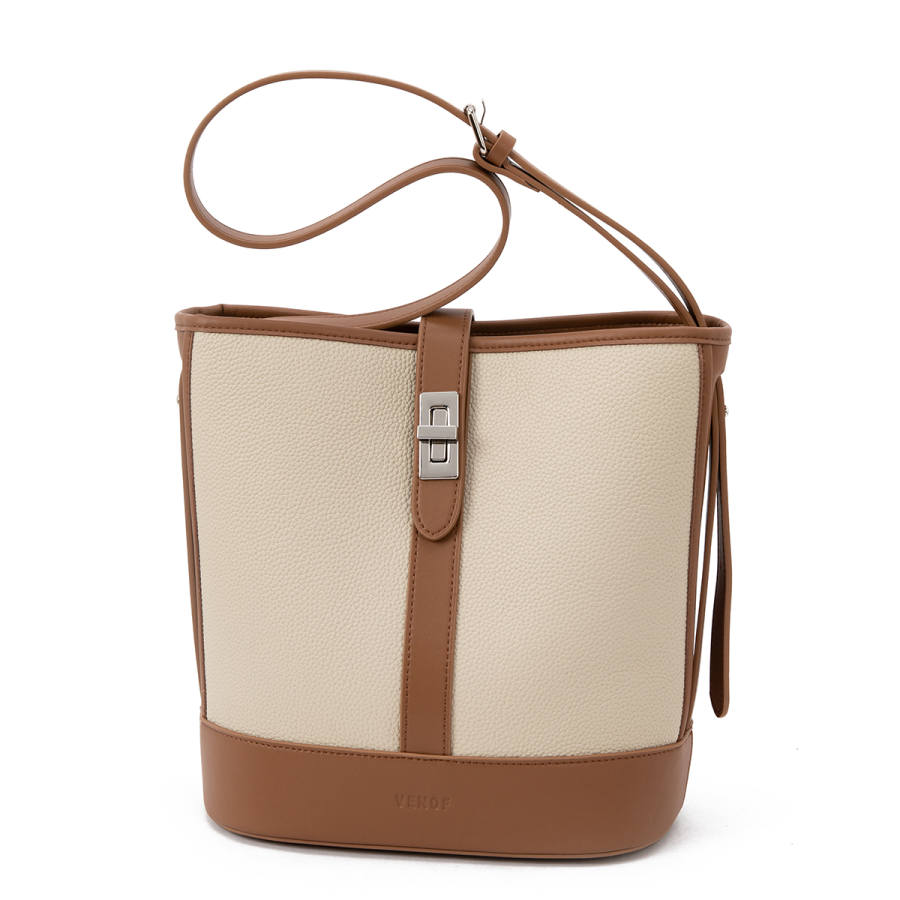 VENOF Cow Leather Bucket Bag, Shoulder Bag Medium Women's Beige/Brown