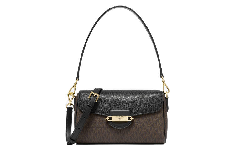MICHAEL KORS Fleur Cow Leather Handbag Small Women's Dark Brown & Black
