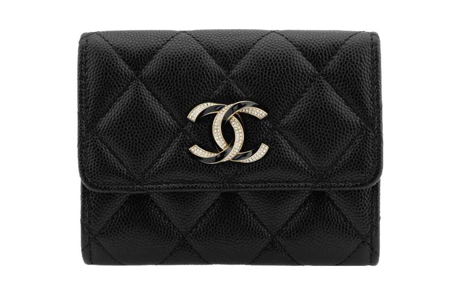 CHANEL Litchi Grain Cow Leather Card Holder, Coin Purse Women's Black