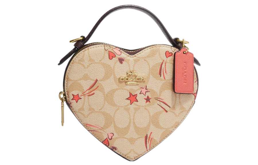 COACH Heart Coated Canvas With Leather Heart Shaped Bag Box Handbag Small Women's Khaki