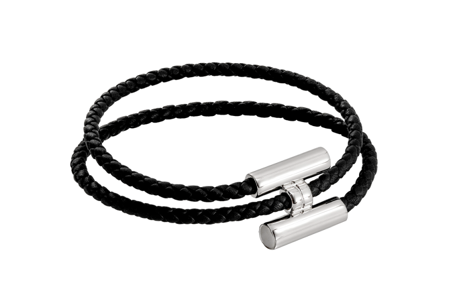 HERMES Tournis Tresse Woven Rope Calfskin Wristband, Hand Jewelry Men's Black