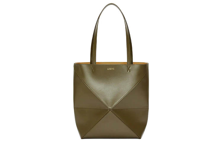 LOEWE Puzzle Fold Shiny Cow Leather Tote Bag, Shopping Bag, Handbag Medium Women's Dark Khaki Green