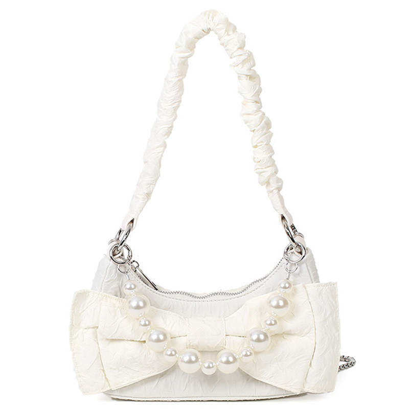 NOMK Nylon Crescent Bag, Pearl Bag, Tote Bag, Shopping Bag, Shoulder Bag Regular Women's White