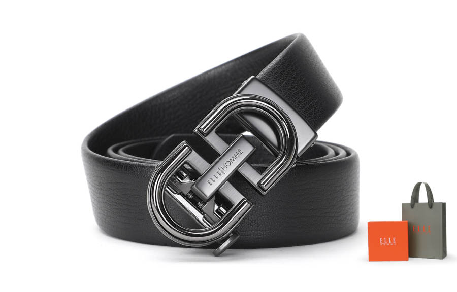 ELLE HOMME Automatic Buckle Belt For Men Casual Youth Cow Leather Belts Men's Black Width 3.7cm Packaging