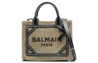 BALMAIN B ARMY Calfskin With Cotton And Linen Tote Bag, Shopping Bag, Handbag Mini Women's Khaki