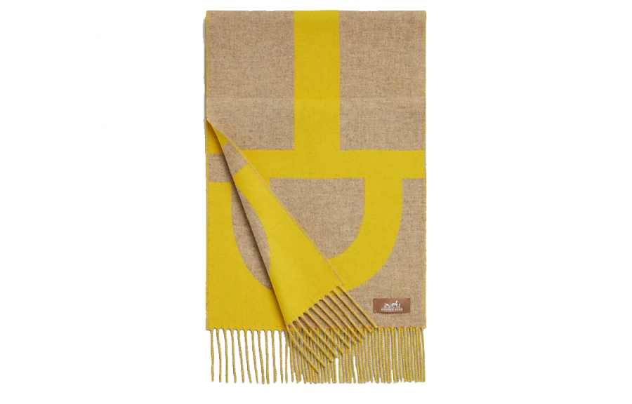 HERMES Cashmere Knit Scarves Unisex Beige/Yellow