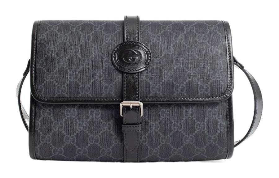 GUCCI Canvas With Leather Messenger Bag, Shoulder Bag, Crossbody Bag Medium Men's Black