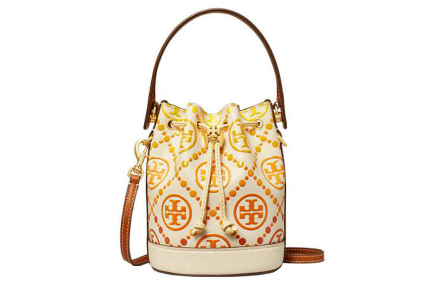 TORY BURCH Leather Bucket Handbag Mini Women's Ivory & Orange