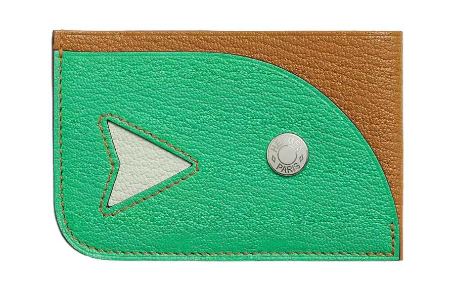 HERMES Poisson Mysore Goat Skin Card Holder Women's Caramel/Green
