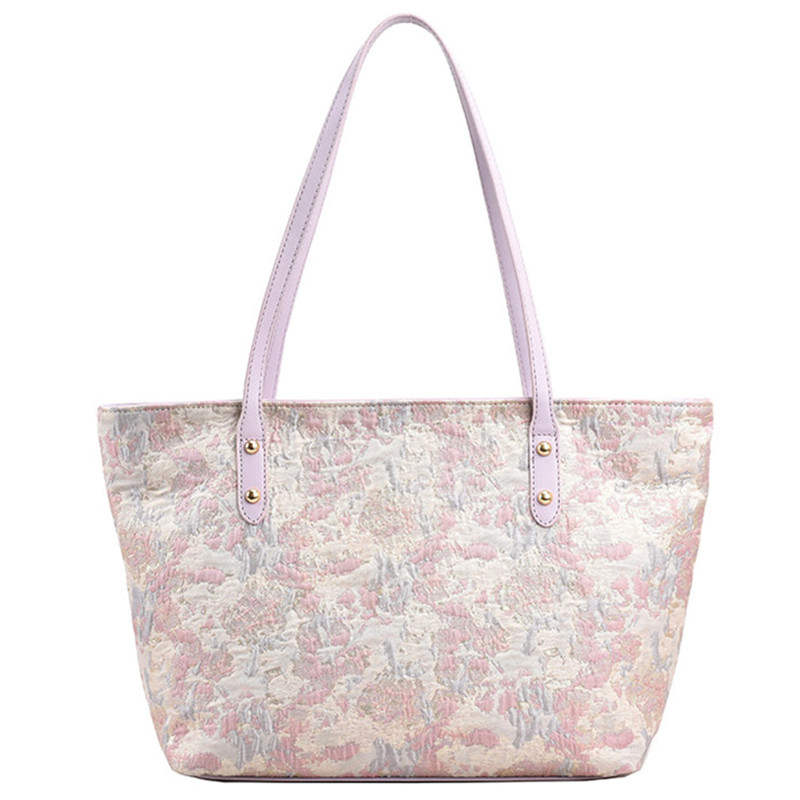 NOMK Embroidery Tote Bag, Shopping Bag, Bucket Bag, Shoulder Bag Large Women's Pink/Caramel