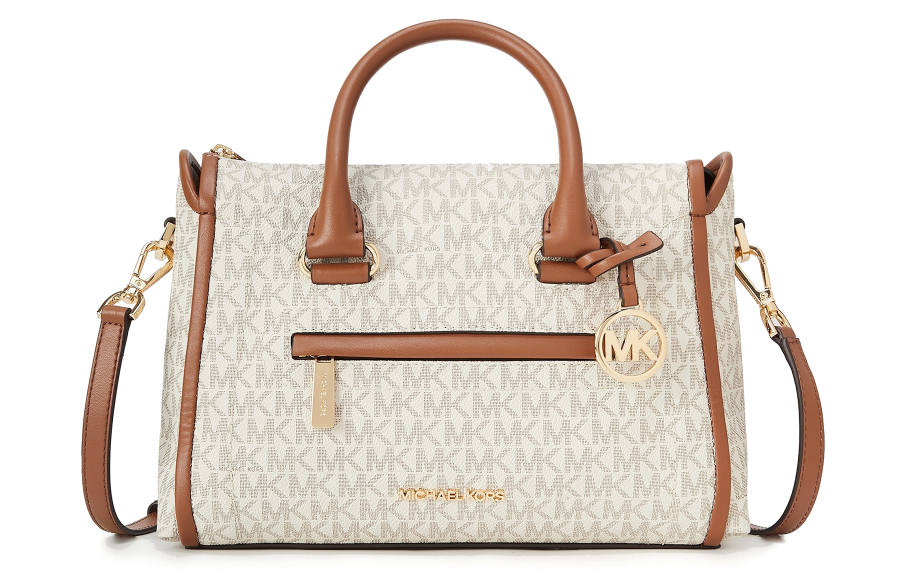 MICHAEL KORS Carine Artificial Leather Boston Bag, Handbag, Shoulder Bag, Crossbody Bag Medium Women's Brown & Gray