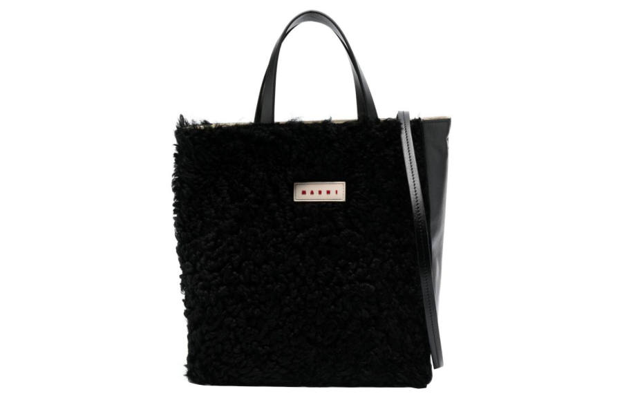 MARNI Wool With Cow Leather Tote Bag, Shopping Bag, Shoulder Bag, Crossbody Bag, Handbag Women's Black